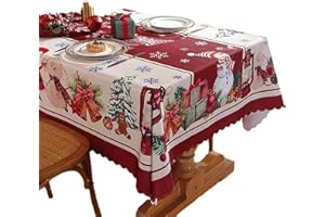 ES-UK Christmas Tablecloth–Festive Xmas Table Cover with Santa, Snowflakes & Holiday Prints, Waterproof Wipeable Table Cloth for Dining Room, Kitchen, Parties, Rectangular & Round(Antique White, 150*180)