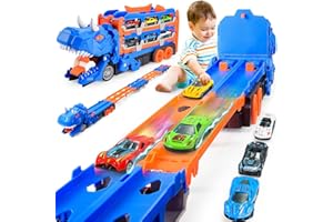 EUTOYZ Dinosaur Toys for 2 3 4 5 Year Olds Boys Gifts, Transport Race Truck Toy Cars for Boys Age 2 3 4 5 6 Year Olds Boy Kids Toy for Toddlers Boy Birthday Presents Dinosaur Race Truck with 6 Cars