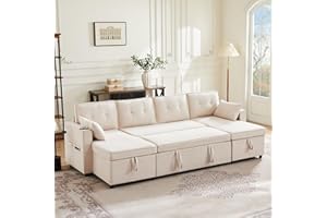 Wyibwy, Sofá de 4 plazas, sofá cama en forma de U, con portavasos y dos compartimentos de almacenamiento, tejido de algodón y lino, 270 x 130 x 86cm, para salón/apartamento, beige