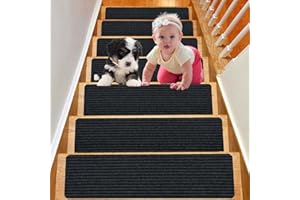 Duscdesp Stair Treads Carpet 15 Pack,60x20cm Peel and Stick Stair Runner,Self-Adhesive Anti Slip Carpet for Staircases,Suitable for Children,Elderly,and Pets(black)