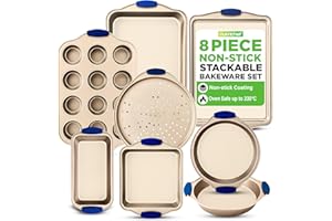 NutriChef Non-Stick Baking Tray Set 8-Piece , Stackable Bakeware Tins with Cookie Sheet, Roasting Pan, Square Loaf Pan, Pizza Pan, Muffin Pan, Cake Tin, Space-Saving Gold Oven Baking Set