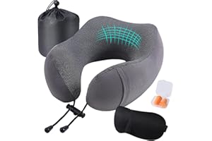GOTANC Cuscino da Viaggio, Cuscino Collo Memory Foam, Cuscino Cervicale da Ufficio Portatile, con Maschera per Dormir, Tappi auricolari, Borsa per Trasporto, Ideale per Viaggiare in Aereo, Auto e Treno