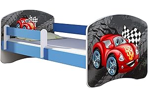 ACMA Letto per Bambino Cameretta per Bambino con Materasso Cassetto II BLU (05 Macchinetta rossa, 180x80)
