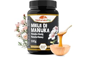 NaturalePiù Miele di Manuka 800+ MGO 500g. Dalla Nuova Zelanda. Certificato in Laboratorio. Miele Balsamico Puro. Mono floreale, Ideale per la Cura delle Ferite. Tè, Cereali e Prodotti da Forno.