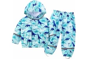 FILOWA Waterproof Suit Kids Girls Boys Hooded Raincoat Lightweight Waterproof Jacket and Trouser Set Breathable Rain Coat & Pants Cartoon Animal Pattern Rain Suit for Children Toddler 1-7 Years