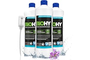 BiOHY Detergente per finestre professionale (3 bottiglie da 1l) + Distributore | Detergente concentrato per vetri | adatto ai PULITORI A VUOTO PER VETRI | pulizia senza striature (Fensterreiniger)