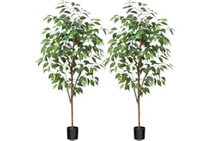 Fopamtri Artificial Ficus Plant 120cm Large Fake Plants Indoor with Natural Wood Trunk, Fake Potted Ficus Tree for Home Bedroom Office Balcony Garden Decorations (2 Pack)