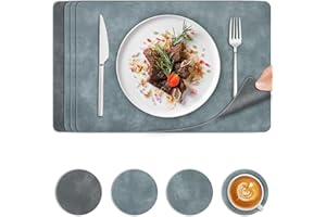 BEIJIE Placemats and Coaster Sets 4, Dual-Sided Faux Leather Table Mats Heat-Resistant, Washable Waterproof Wipe Clean Place Mats Non Slip, Easy to Clean for Outdoor Home Dinning, Blue Grey, 44.5 x 30cm