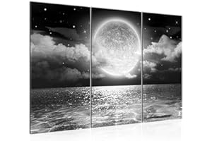 Runa Art Luna Llena Mar Cuadro Decorativo para Sala XXL Negro Blanco Agua 120 x 80 cm 3 Piezas Decoración de Pared 025331c