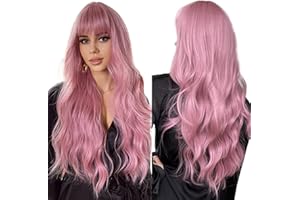 Esmee 26"Peluca sintética de onda natural larga Rosa con flequillo, adecuada para fiestas de mujeres o para diario