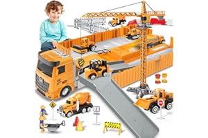 deAO Construction Truck Set with Cargo Truck with Bulldozer, Tractor, Forklift, Mixer, Excavator, Crane and Dumper- Great Gift