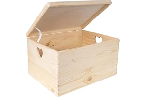 Creative Deco Holzkiste mit Deckel | 40x30x24 cm (+/-1cm) | Erinnerungsbox Baby Groß Holzbox Unlackiert Kasten | Herzförmigen Griffen | Für Dokumente Weihnachten Spielzeuge Werkzeuge ROH UNGESCHLIFFEN