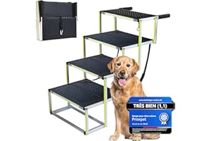 PRIORPET Escalier pour chien voiture pliable – Escaliers extra larges pour grands chiens – Pour voitures hautes – Marquage lumineux – Rampe pour chien Voiture, Surface antidérapante, Jusqu’à 105 kg – 4 Marches