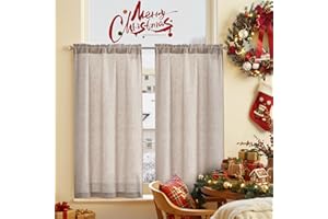 TOPICK Zazdrostka, lniana firanka bistro, nieprzejrzysta, parowana, półprzezroczysta, do kuchni, salonu, domu wiejskiego, zestaw 2 sztuk, 65 szer. x 90 cm (wys. x szer.), brązowa