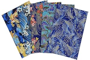 aufodara 5 Pezzi Tessuto in Cotone 50x50 cm, Stoffa Stile Giapponese, Tessuti effetto dorato Patchwork Cucito Quilting, Brillante Stoffe per Hobby Creativi (Blu)