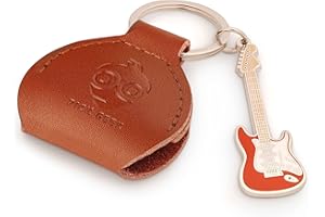 Pick Geek Dark Brown Leather Pick Holder with Miniature Stratocaster Keyring | 100% Handmade Real Leather | Includes 3 FREE Guitar picks | Made with Jewellers Metal