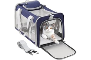 Transportin Gato Mochila Perro, YUOCT Viajes Transportador Portátil Mascotas, Aprobado por Aerolíneas Medianas, Pequeñas, Plegable, Carga Máxima 10kg, Viajar en Tren/automóvil/Restaurante/avión (Azul)