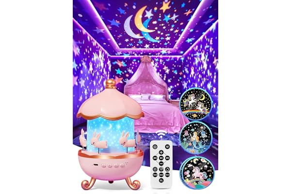 One Fire Lampara Proyector Estrellas Bebe, 15 Temas Luz Nocturna Infantil con Control Remoto, Música Proyector Bebes Luces y Musica, 360° Rotación Proyector Infantil Temporizador Regalos para Bebes