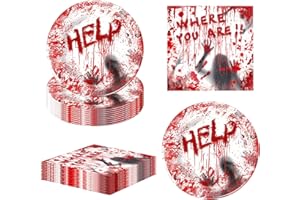 AINIUNIU 20 Pièces Vaisselle d'Halloween, Décorations de Fête Effrayantes Avec Empreintes de Sang Rouge, Vaisselle d'Halloween, Assiettes, Serviettes de Table Décorations de Fête