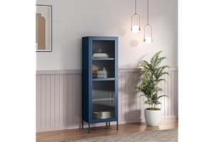 [en.casa] Vitrina Säkylä Aparador para Salón Mueble Auxiliar para Comedor Cocina Dormitorio con Puerta de Cristal y 4 Compartimentos Acero 150 x 50 x 35 cm - Azul Marino y Translúcido