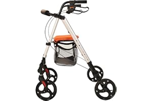 MobiQuip Aluminium Rollator, 4 Wheeled Walker with Seat and Basket, 6.4kg Lightweight Folding Mobility Aid, Silver Frame