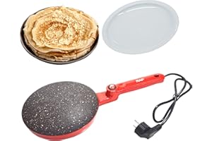 SWSDEE Crepiere Electrique, 600 Watts avec Interrupteur Marche/arrêt séparé Conception à poignée étendue pour Crêpes Très Fines, Revêtement Antiadhésif en Téflon avec Bol Alimentaire.(Rouge)