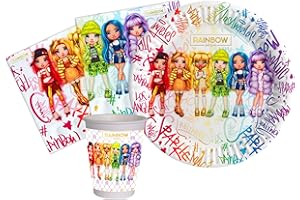 CIAO Kit Vaisselle de Fête Rainbow High pour 24 personnes (88 pcs: 24 assiettes Ø18cm, 24 gobelets 250ml, 40 serviettes 33x33cm) en papier compostable eco-friendly