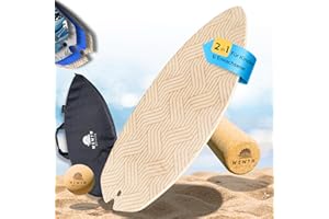Ninja Balance Board + Korkrolle, Ball, Tasche – Gleichgewichtstrainer für Kinder & Erwachsene 100% Holz in Rocker shape - Indoor Surfing Board Fitness | Trickboard für Core Training + APP