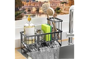 VILCEN Soporte Esponja Fregadero, Soporte Estropajo Fregadero de Cocina con Bandeja de drenaje automática, Organizador de Fregadero con Portaescobillas desmontable, Organizador de Lavado,Negro