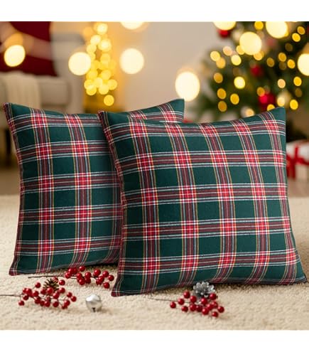 Weihnachts-Kissenbezüge Mit Schottenkaro – 2 Stück, 61 X 61 Cm, Polyester, Rot & Blau