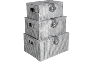 Innoteck Essentials Wicker Storage Basket Set with Lids - Handwoven Decorative Storage Boxes with Handles, Large, Medium & Small - Ideal for Home, Bathroom, Kitchen & Office Organisation (Grey)