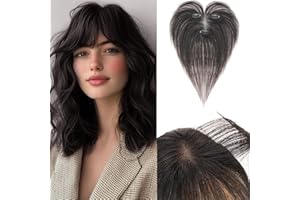 Benehair Topper de Cheveux en Vrais Cheveux pour Femme, 100% de Chevelure Humains Avec une Frange, Convient aux Chevelure Clairsemés, Base de Dentelle en T, 11 Pouce Noirs Naturels #1B