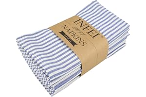 INFEI Plain Striped Cotton Linen Blended Dinner Cloth Napkins - Set of 12 (40 x 30 cm) - for Events & Home Use (Blue)