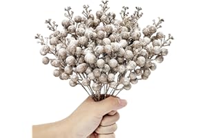 KKSTY Pack of 16 Artificial Frosted Berry Picks, 22cm Christmas Glitter Berries Stems Snowy Holly Berry Branches for Xmas Tree Decoration DIY Crafts Wreath Making Supplies Home Decor(Champagne Gold)