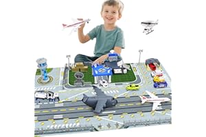 deAO Kids Airport Playset, Buildable Airport with Aeroplane Helicopter, Car Models, Interactive Mini Aviation Toy, Including Control Tower, Vehicles, Airport Runway Map, Airplane Toy​​s for Kids 3+