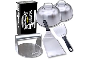 Quirility - Smash Burger Kit Professionnel. Acier INOX avec Certificat UE Contact Alimentaire - Presse Burger, Smasher Hamburger, Spatule Plancha, Cloche Plancha Burger (Premium Plus)