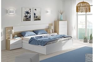 Miroytengo Habitación Matrimonio Completa en Color Roble y Blanco Estilo Nórdico (Cama+cabecero+2 mesitas+cómoda)