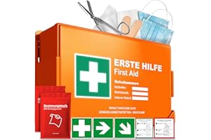 HELDENWERK Botiquín de primeros auxilios según la nueva norma DIN 13157:2021, incluye soporte de pared y pegatinas, maletín universal de primeros auxilios para operaciones, hogar o gastronomía – Botiquín de