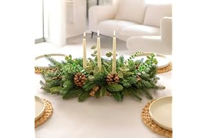 MARCO PAUL INTERIORS Marco Paul Large Christmas Table Decoration with 3 Taper Candle - Christmas Table Centrepiece with Green Foliage and Candlestick Holders - Xmas Candle Decorations