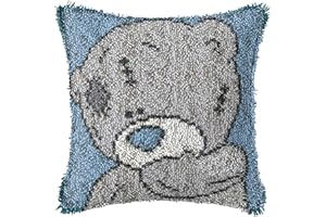 Lee My Bär Kissenbezug Stickerei Set Knüpfkissen Kissenbezug Kissen Zum Selber Knüpfen, Knüpfhaken Knüpfset Für Kinder, Erwachsene Oder Anfänger,Blue Patch Bear,43x43 cm