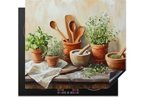 KitchenYeah© Protege Plaque Tapis Pour Induction 59x52 cm Deco Cuisine Protection Vitrocéramique Pour Cuisiniere Pots - Herbes - Bois