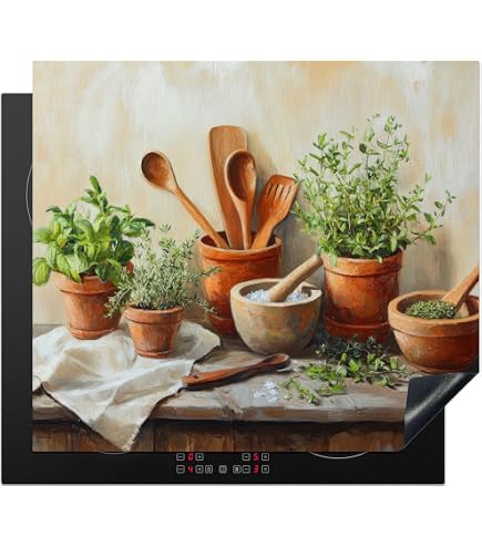 Herdabdeckplatte Aus Glas – 2-teilig, 60x52 Cm, Mit Kräuter-Motiv, Für Ceran & Induktion