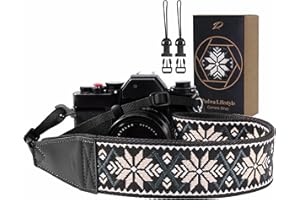 Padwa Lifestyle Camera Strap - 2" Full Grain Leather Ends Camera Straps for Photographers, Vintage Embroidered Cotton Weave Soft Suede Fabric Padded Strap Quick Release fits All Cameras