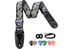 LEKATO Pasek do gitary, elektryczny pasek do gitary akustycznej, pasek do gitary z 6 kostkami gitarowymi i 2 zamkami pasków, wzór haftu kwiatowego, do gitar akustycznych i elektrycznych