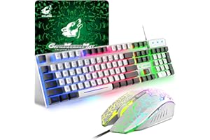 ZIYOU LANG QWERTZ Gaming Colour Block Keyboard and Mouse Set, German Layout Rainbow LED Backlight Ergonomic Keyboard 6 Buttons 2400 DPI Mouse and Mouse Pad, USB Wired, White + Black Keycaps
