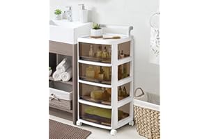 Froppi Pre-Assembled Plastic Storage Drawers on Wheels | 4-Drawer Under Desk Storage with Attachable Handle L28.5 W34 H62 cm White/Coffee