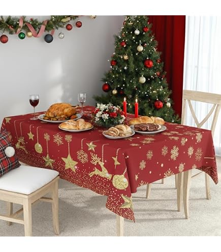 Polyester Tischdecke Weihnachten Weihnachtstischdecke Rot Rund 178 Cm – Mit Goldenen Schneeflocken, Abwischbares Polyester, Perfekt Für Weihnachtsfeier & Rustikale Küche
