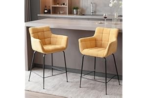 chairus Lot de 2 Tabourets de Bar avec Accoudoirs Modernes Chaise Fauteuil Haute en Tissu Tabourets de Comptoir pour Cuisine avec Repose-Pieds (Jaune-2)