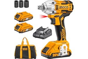 Ingco 20V Cordless Brushless Impact Wrench 1/2", Max Torque 300NM, Electric Impact Gun 2100RPM, LED Work Light, with 2Pcs 2.0Ah Battery, 1Pcs Charger, 3Pcs Sockets, Packed by Canvas Bag CIWLI20013
