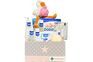 Mirifarma Canastilla Bebé Supreme (Rosa) para regalo. Con: Caja Multiusos, Peluche Cigüeña Rosa. Toallitas, Crema, Gel, Colonia, Esponja, Champú, Cepillo Y Peine, Hidratante, Pañales.